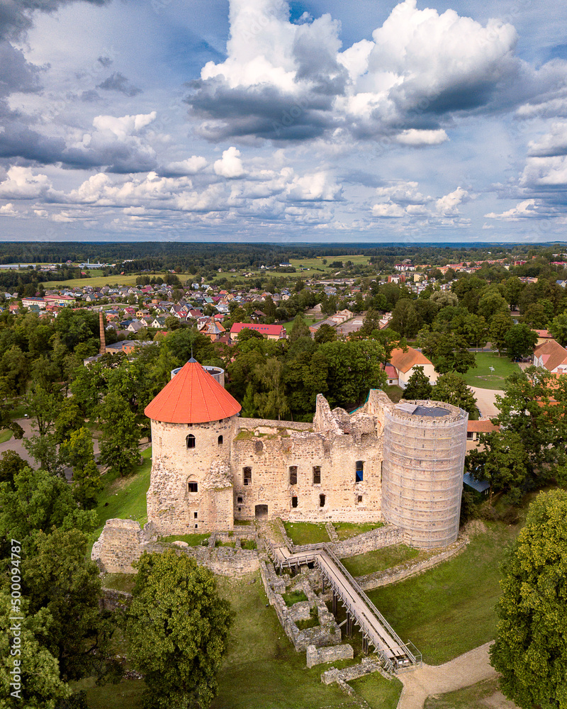 Cesis Castle with Stone Walls and Towers, Aerial View
