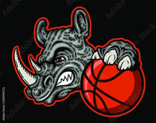 angry rhino mascot holding basketball for school, college or league