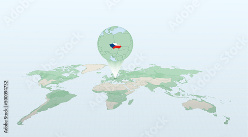 World map in perspective showing the location of the country Czech Republic with detailed map with flag of Czech Republic.
