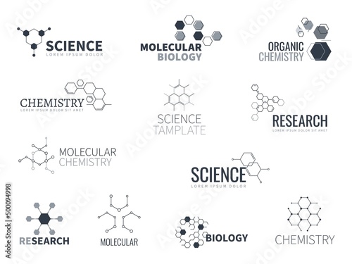 Molecular structure logo. Biological laboratory labels. Chemical connections. Particles constructions. Biology or chemistry research. Scientific text. Vector biotechnology icons set