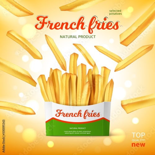 Potato snack product poster. Realistic French fries packaging. Advertising banner. Unhealthy meal in cardboard box. Flying pieces. Deep fried cooking. Vegetable fast food. Vector concept