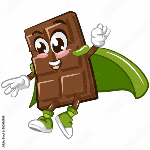 Cute chocolate bar character with funny face being superhero, cartoon vector illustration isolated, funny chocolate character, mascot, emoticon
