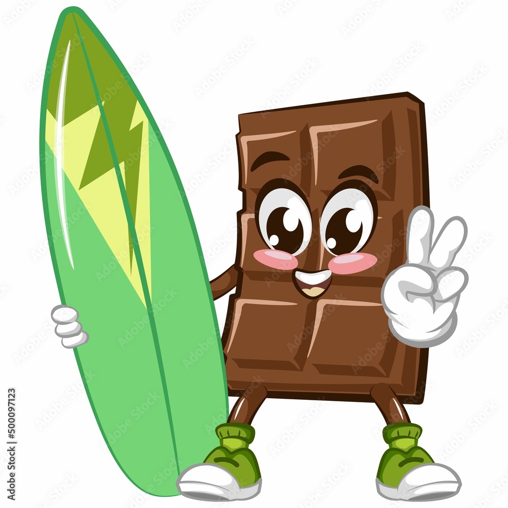 Cute chocolate bar character with funny face with surfboard, cartoon vector  illustration isolated, funny chocolate character, mascot, emoticon Stock  Vector | Adobe Stock