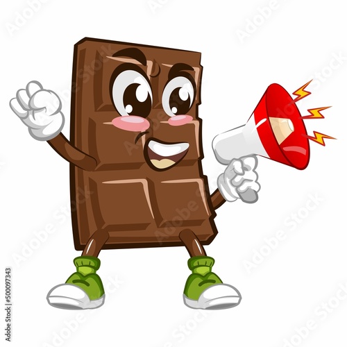 Cute chocolate bar character with funny face out loud with loudspeaker, cartoon vector illustration isolated, funny chocolate character, mascot, emoticon