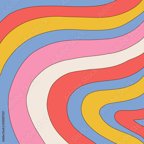 Wavy Rainbow Stripe Retro Seamless Pattern Background in style of 70s 80s. Simple Funky backdrop with lines. Vector hand drawn illustration.