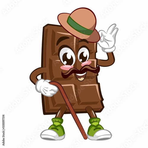 Cute chocolate bar character with funny face with round hat and moustache , cartoon vector illustration isolated, funny chocolate character, mascot, emoticon