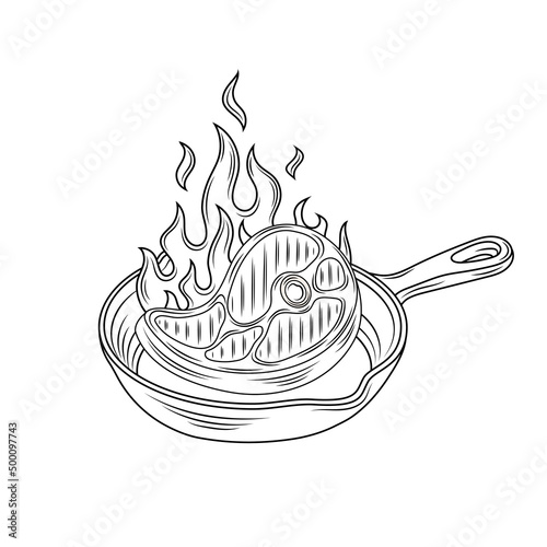 hot pan steak with meat on fire sketch