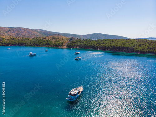Croatia. Summer. Sunny day. Coast of the Adriatic Sea. Yachts in the lagoon. Holiday season. Popular tourist spot. Drone. Aerial view