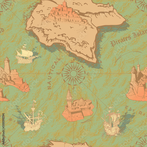 Fototapeta Naklejka Na Ścianę i Meble -  vector image of seamless texture of vintage nautical map in the style of medieval engravings
