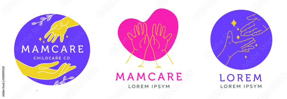 Vector logo design template and emblem in simple line style - parent's hand and child's hand - badge for children store and baby care centers, babysitting