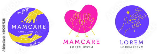 Vector logo design template and emblem in simple line style - parent's hand and child's hand - badge for children store and baby care centers, babysitting