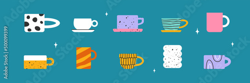 Set of decorative trendy cups different pattern and shapes. Collection of handcrafted ceramic tableware scandinavian style. Modern mugs for tea, coffee, drink beverage. Isolated vector illustration