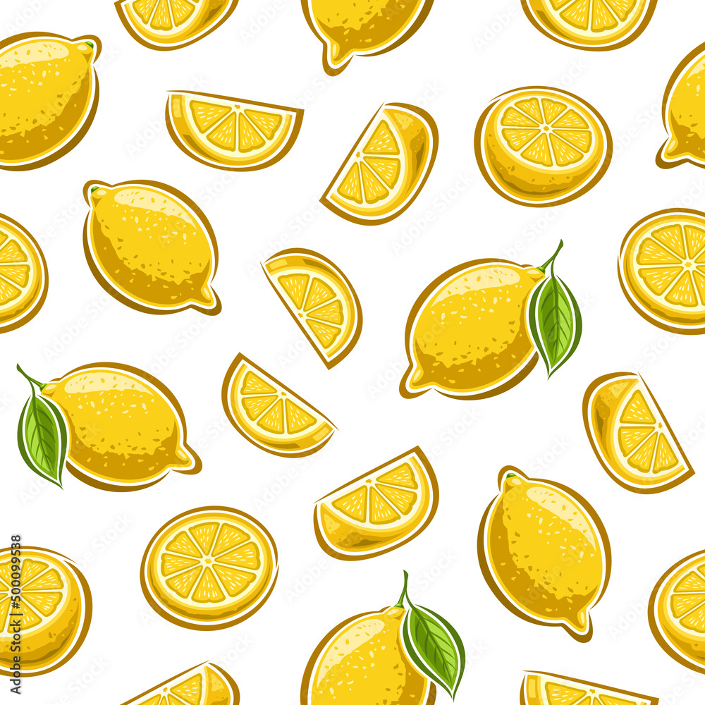Vector Lemon Seamless Pattern, repeating background with set of cut out illustrations whole lemons with green leaves, group of sliced ripe fruits, chopped lemons on white background for wrapping paper Vector Lemon Seamless Pattern, repeating background with set of cut out illustrations whole lemons with green leaves, group of sliced ripe fruits, chopped lemons on white background for wrapping paper