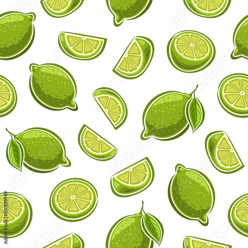 Vector Lime Seamless Pattern, repeating background with set of cut out illustrations whole natural limes with leaves, group of sliced ripe fruits, chopped limes on white background for wrapping paper