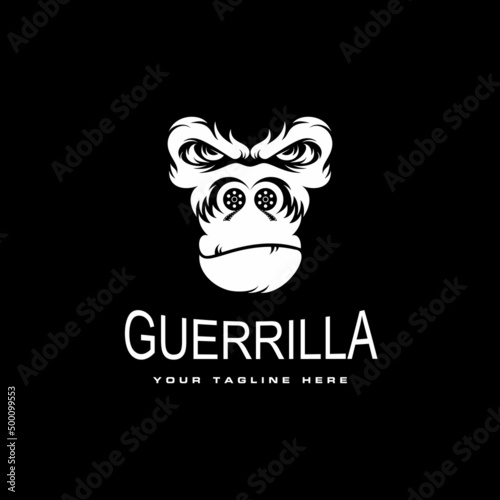 illustration of gorilla head in angry expression with film roll on nose image graphic icon logo design abstract concept vector stock. Can be used as a symbol associated with animal or media