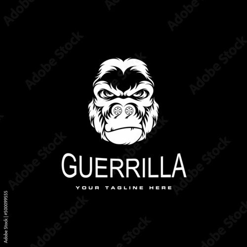 illustration of gorilla head in angry expression with film roll on nose image graphic icon logo design abstract concept vector stock. Can be used as a symbol associated with animal or movie