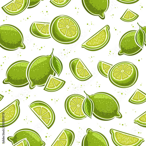 Vector Lime Seamless Pattern, repeating background with set of cut out illustrations natural limes with leaves, group of fruity still life, chopped segment limes on white background for wrapping paper