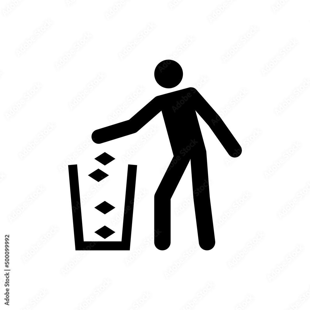 Use litter bin icon. Vector illustration man throwing rubbish in bin
