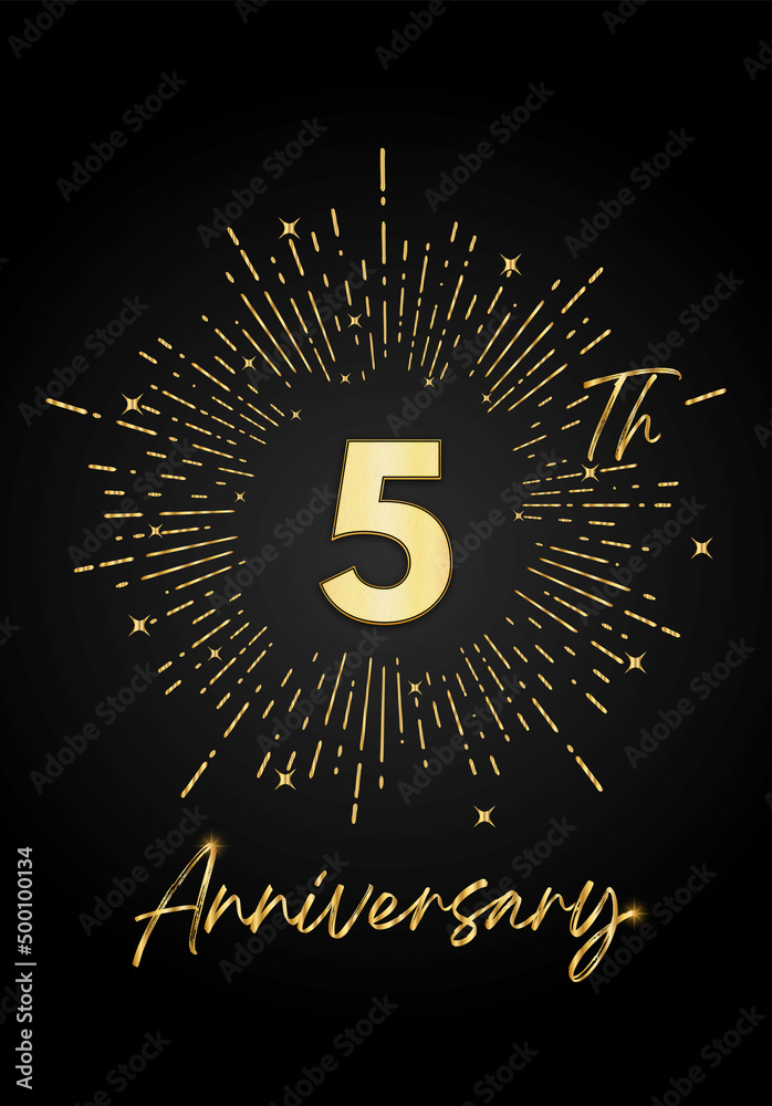 Fototapeta premium 5 years golden anniversary logo celebration with a firework on black background. 5 years anniversary card template. vector design for greeting cards, birthday, wedding events, and invitation card