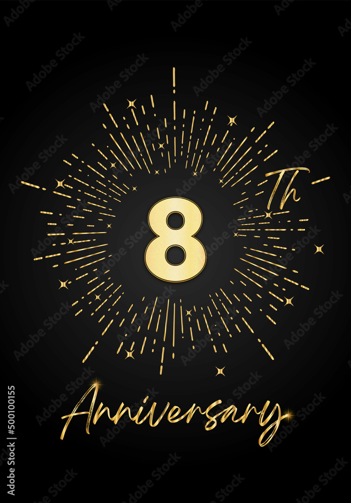 Fototapeta premium 8 years golden anniversary logo celebration with a firework on black background. 8 years anniversary card template. vector design for greeting cards, birthday, wedding events, and invitation card