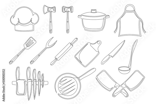 Set of continuous one line drawing of a kitchen elements. Cooking elements isolated on a white background. Vector illustration