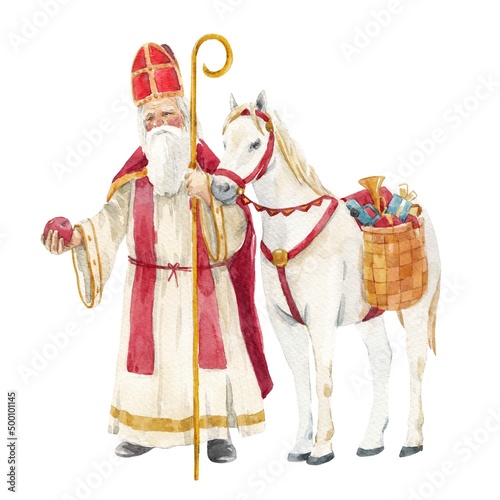 Beautiful christmas composition with cute hand drawn watercolor saint nocolas and white horse with gifts . Stock illustration.