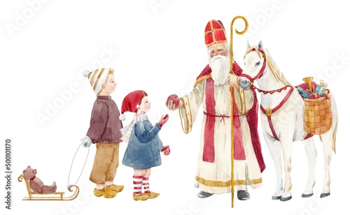 Beautiful christmas compositionwith cute hand drawn watercolor children with sledge and Saint Nicolas with white horse. Stock illustration.
