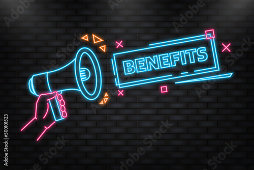 Neon Icon. Megaphone blue banner with benefits sign. Vector illustration.