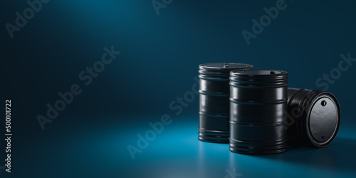 Leinwand Poster 3d Rendering, illustratoion of black oil barrels on a blue background
