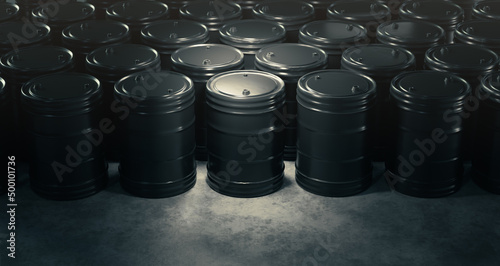 Foto 3d Rendering, illustratoion of black oil barrels on a grey background