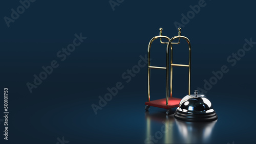 Fotografie, Obraz 3D Rendering, illustraion of an empty Hotel luggage trolley with a concierge bell on a blue background
