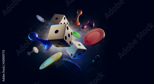 Assorted game board pieces in mid air. 3D illustration, Rendering