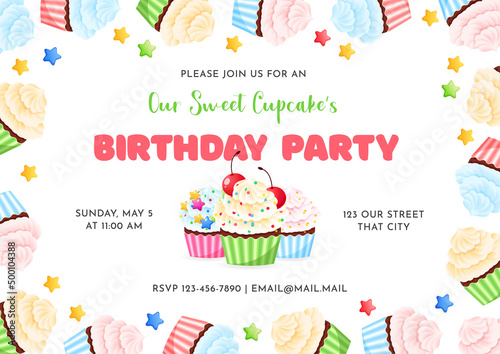 Birthday invitation card template for children party. Our Little Cupcake's Birthday party. Cute frame of cartoon cupcakes on a white background. Vector 10 EPS.