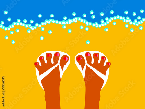 Vector illustration - beautiful female legs with painted nails in white flip-flops are standing on a sandy beach on the seashore near blue water. Concept - leg health and summer vacation
