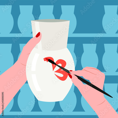 Vector illustration - women's hands hold a ceramic vase and draw a flower close-up with a brush. Concept hobby and hand craft