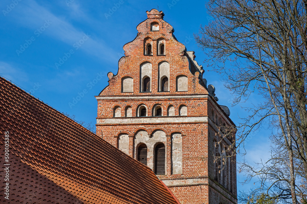 General view and architectural details of the temple built in the years 1693-1695, the Evangelical Augsburg Church of the Republic of Poland in Dzwierzuty in Masuria, Poland.