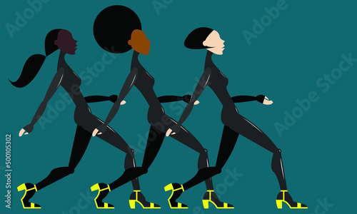 Vector illustration - three beautiful female models of different races walk down the catwalk in tight black latex suits. Concept - beauty and fashion
