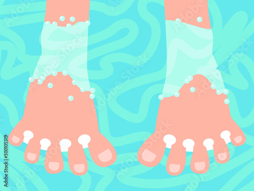 Vector illustration - two close-up feet in a foot bath in clear blue water. Concept pedicure, relaxation and body care