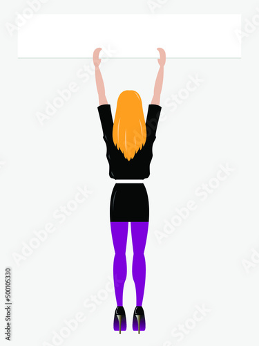 Vector graphics - A young fashionable blonde woman with long hair stands with her back on high heels in a short skirt and holds a banner with a copy space isolated