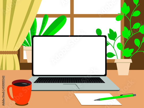 Vector illustration - a computer with an open white monitor with space for copying on the table and a cup of coffee on the background of a window with indoor plants. Concept - remote work and a cozy h