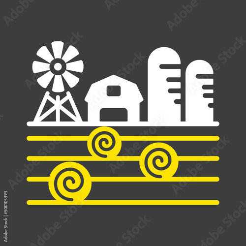 Farm landscape with barn, haystack and granary