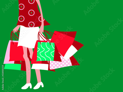 Vector graphics - A fashionable woman in a white skirt carries a lot of colorful bags on a green background and space to copy. Concept banner shopping and sale