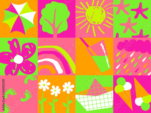 Vector illustration is a seamless modular pattern with summer attributes - the sun, starfish, ice cream, a rainbow of bright red and yellow colors. Concept relaxation and vacations © Inna