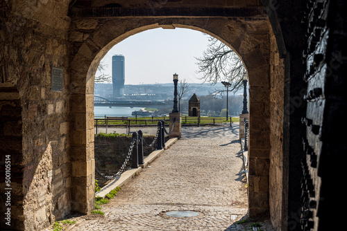 King's Gate of the Belgrade Fortress (Kalemegdan), Belgrade, Serbia. Overview on Belgrade waterfront tower building