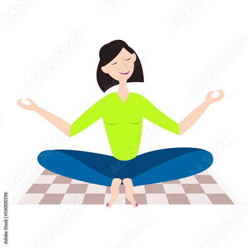 Vector illustration - a young brunette woman sitting on a rug in a lotus position and meditating with closed eyes and a smile isolated on a white background. Concept - mental health and 