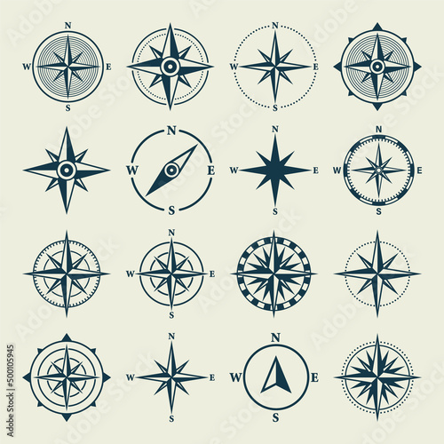 Vintage marine wind rose, nautical chart. Monochrome navigational compass with cardinal directions of North, East, South, West. Geographical position, cartography and navigation. Vector illustration.
