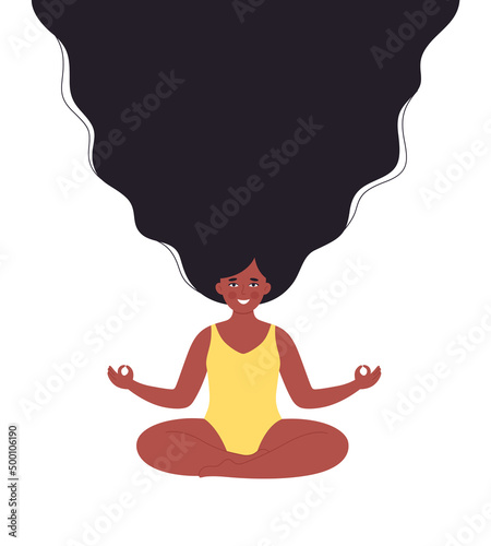 Black woman meditating in swimsuit. Healthy lifestyle, yoga, relax, breathing exercise. Hello summer. Hand drawn vector illustration