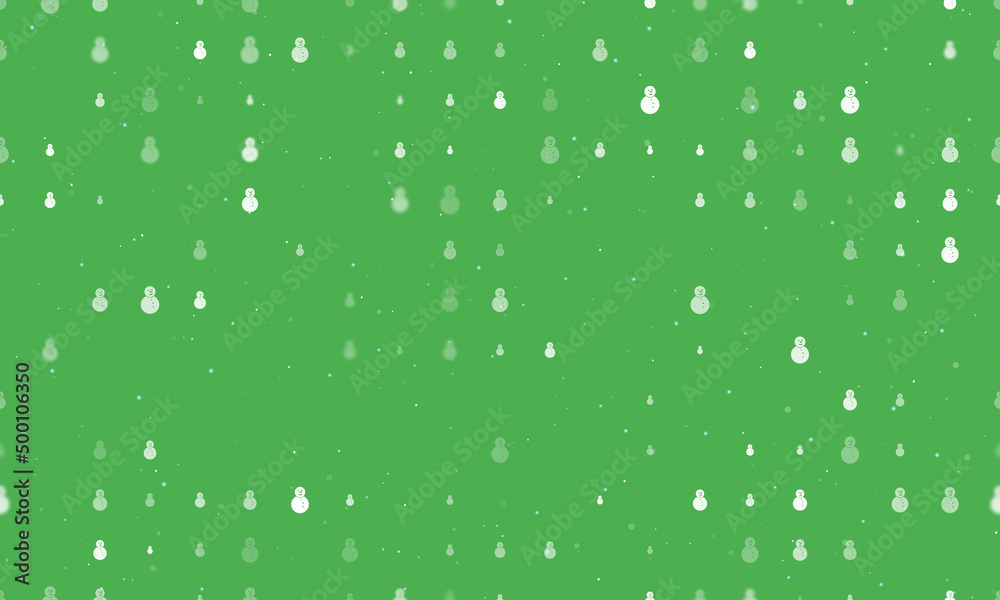Seamless background pattern of evenly spaced white Christmas snowmans of different sizes and opacity. Vector illustration on green background with stars Seamless background pattern of evenly spaced white Christmas snowmans of different sizes and opacity. Vector illustration on green background with stars