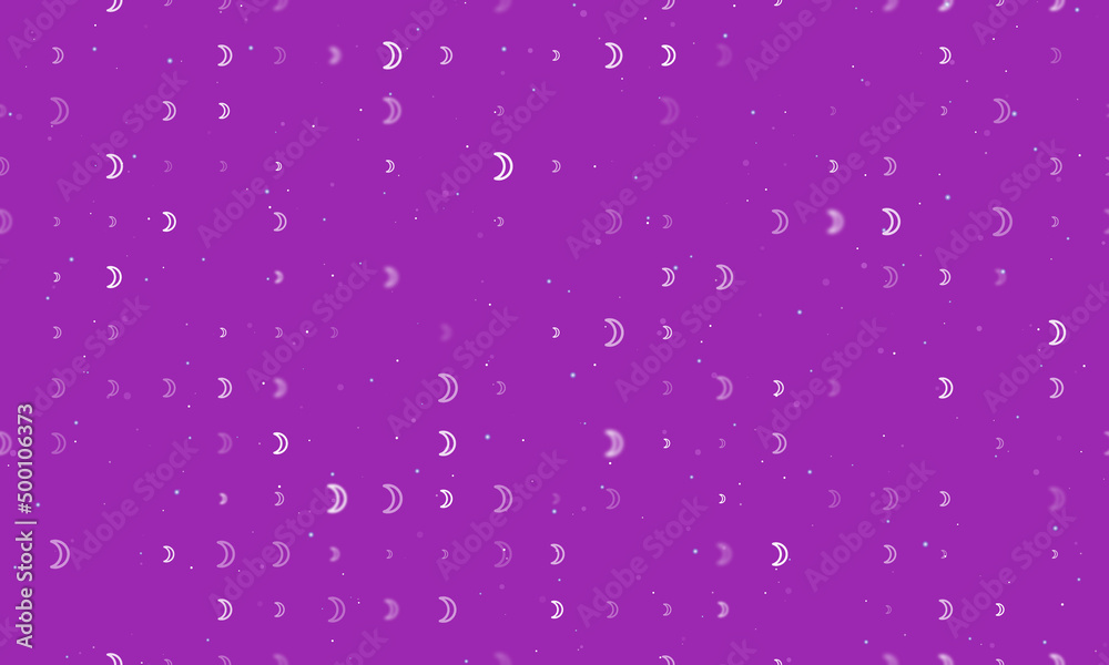 Seamless background pattern of evenly spaced white moon astrological symbols of different sizes and opacity. Vector illustration on purple background with stars