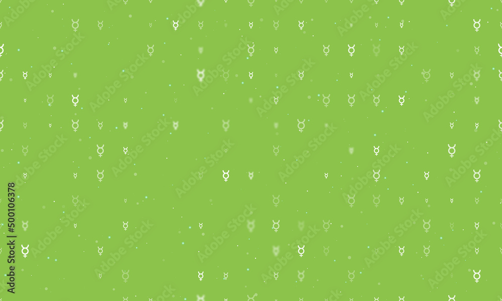 Seamless background pattern of evenly spaced white astrological mercury symbols of different sizes and opacity. Vector illustration on light green background with stars Seamless background pattern of evenly spaced white astrological mercury symbols of different sizes and opacity. Vector illustration on light green background with stars